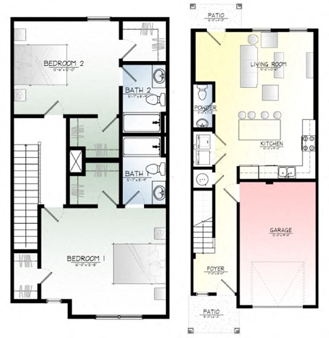 Floor plan for 2 beds, 2.5 baths, 1324 sqft